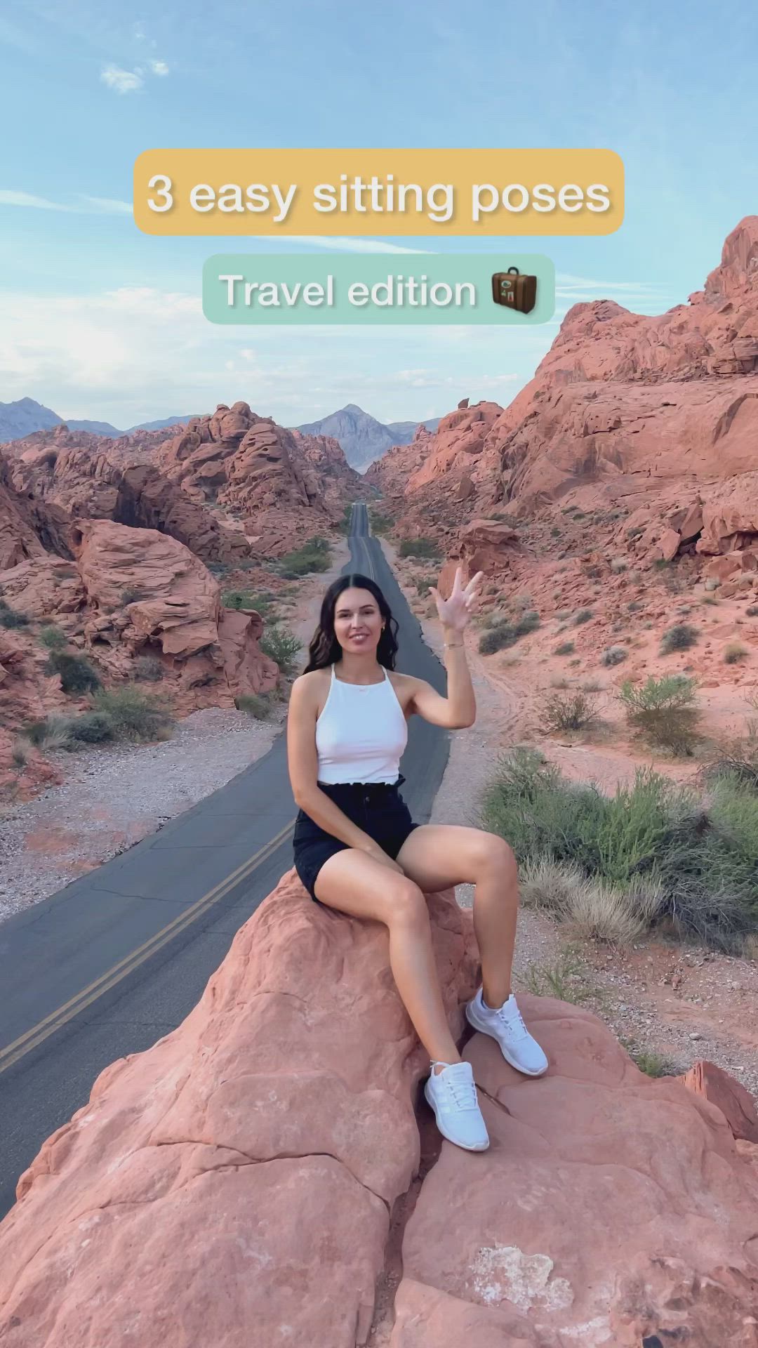 This may contain: a woman sitting on top of a large rock next to a desert road with text overlay reading 3 easy sitting poses travel edition