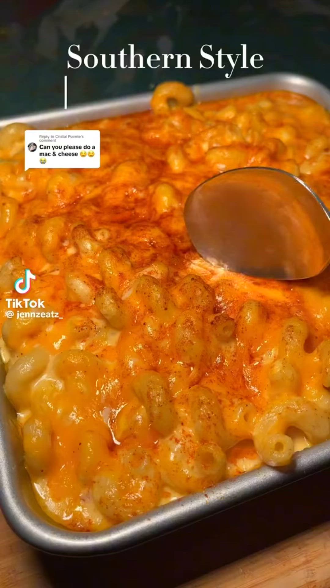 This may contain: a casserole dish with macaroni and cheese is shown in this advertisement