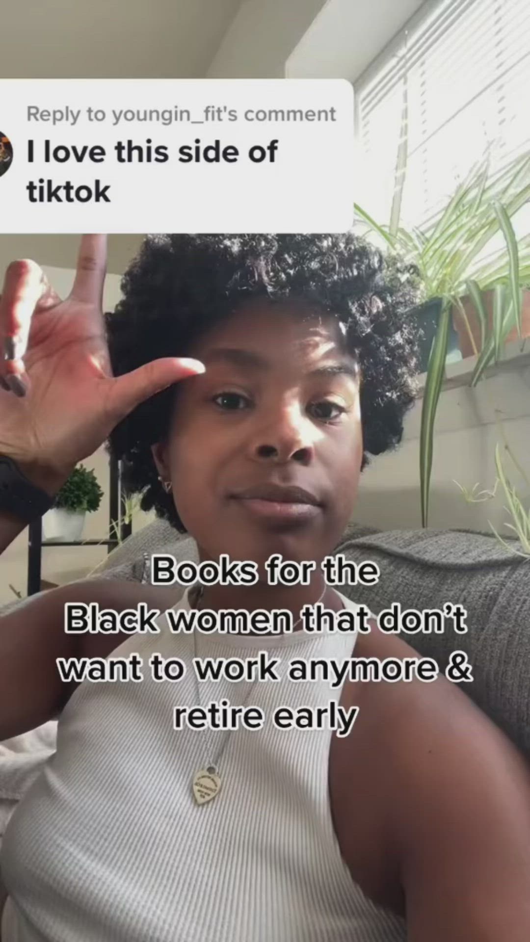 This may contain: a woman is holding her hand up in front of her face and the caption reads, i love this side of tiktok books for the black women that don't