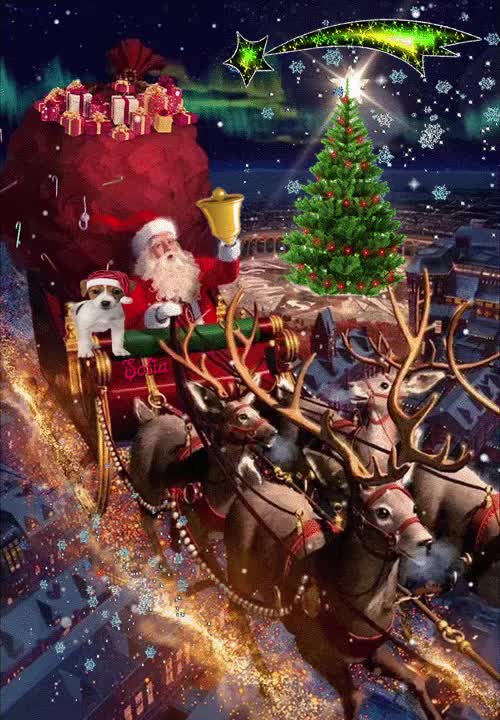 This may contain: santa claus riding in his sleigh with reindeers