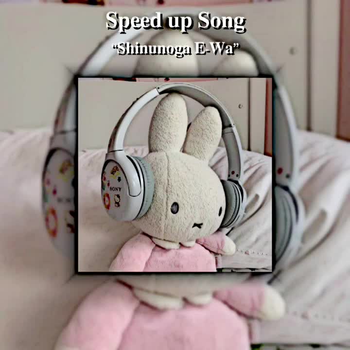 This may contain: a stuffed animal with headphones on sitting in front of a music player and the words speed up song