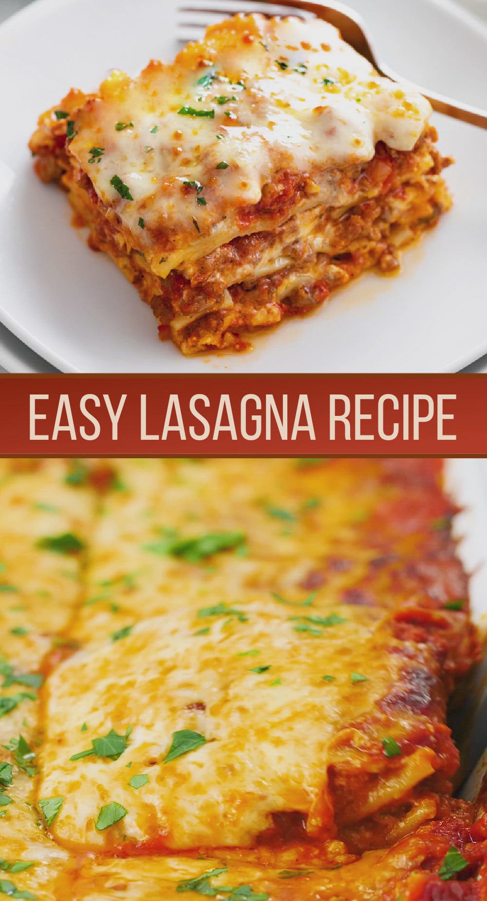 This contains: top portion is lasagna on a white plate, topped with cheese. Bottom portion is video of lasagna being made.