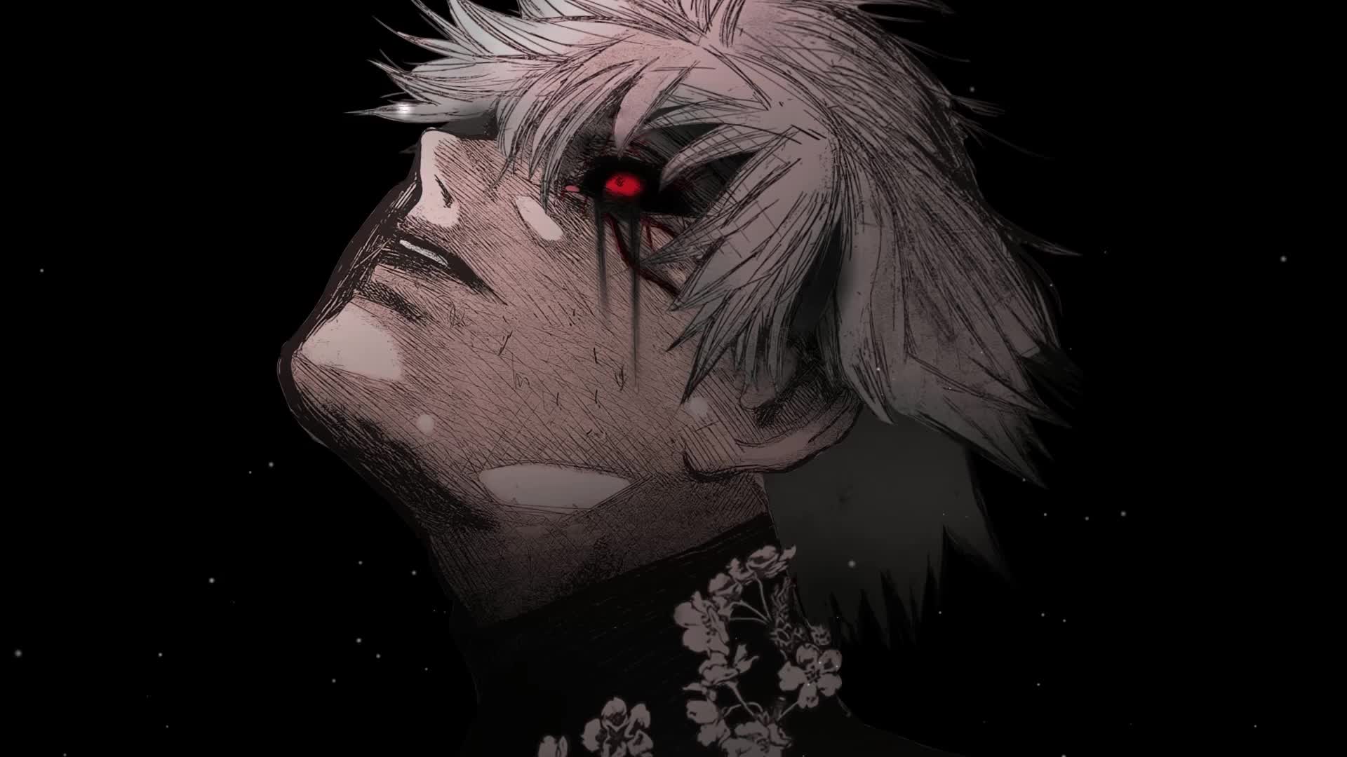 This may contain: an anime character with white hair and red eyes looking up at the stars in the sky