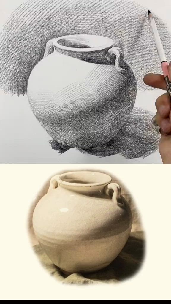 This may contain: a drawing of a vase being drawn with a pencil