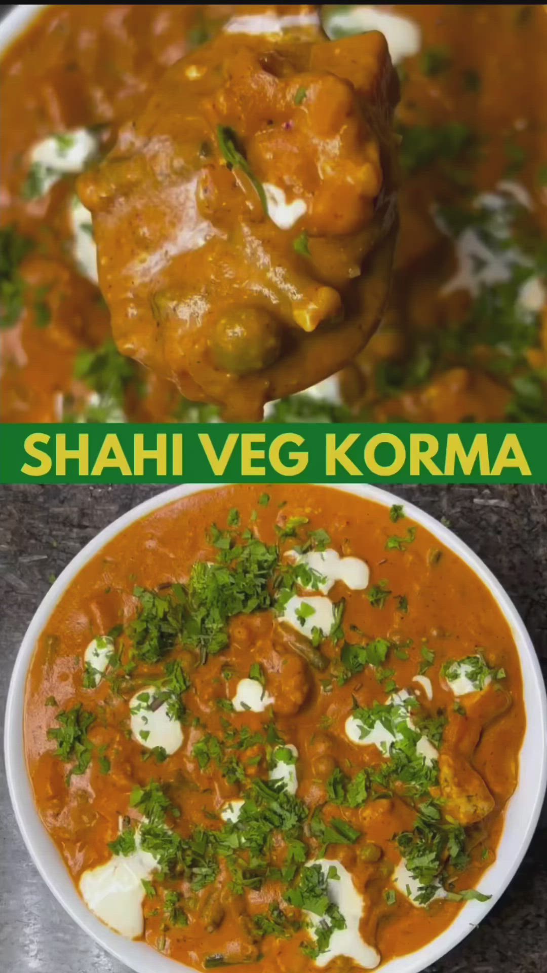 This may contain: two pictures with different types of food in them and the words shai veg korma