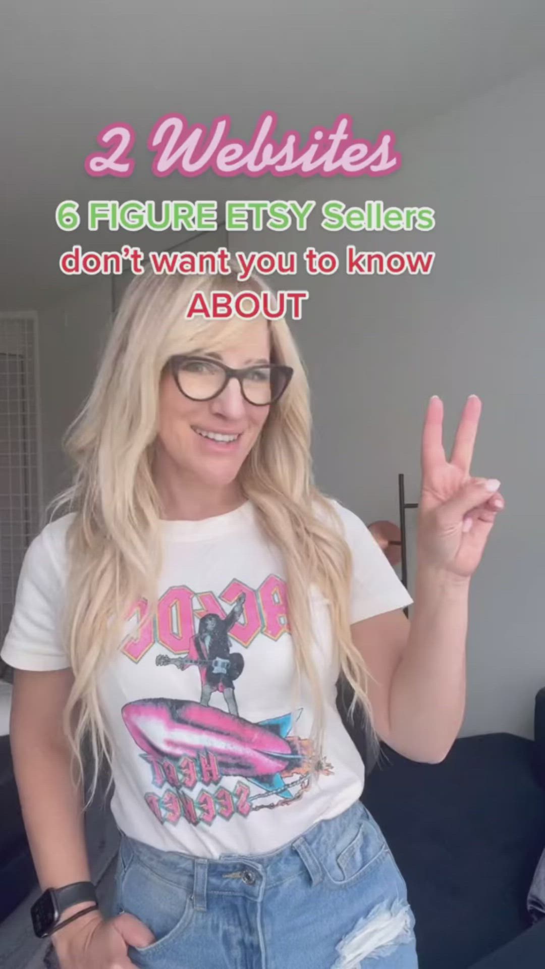 This may contain: a woman with glasses making the peace sign in front of her face and text that reads, 2 website 6 hours easy sellers don't want you to know about