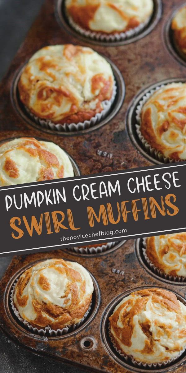 This may contain: pumpkin cream cheese swirl muffins in a muffin tin with text overlay