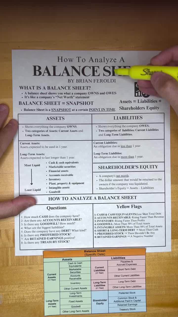 This may contain: someone is holding a yellow marker over a balance sheet