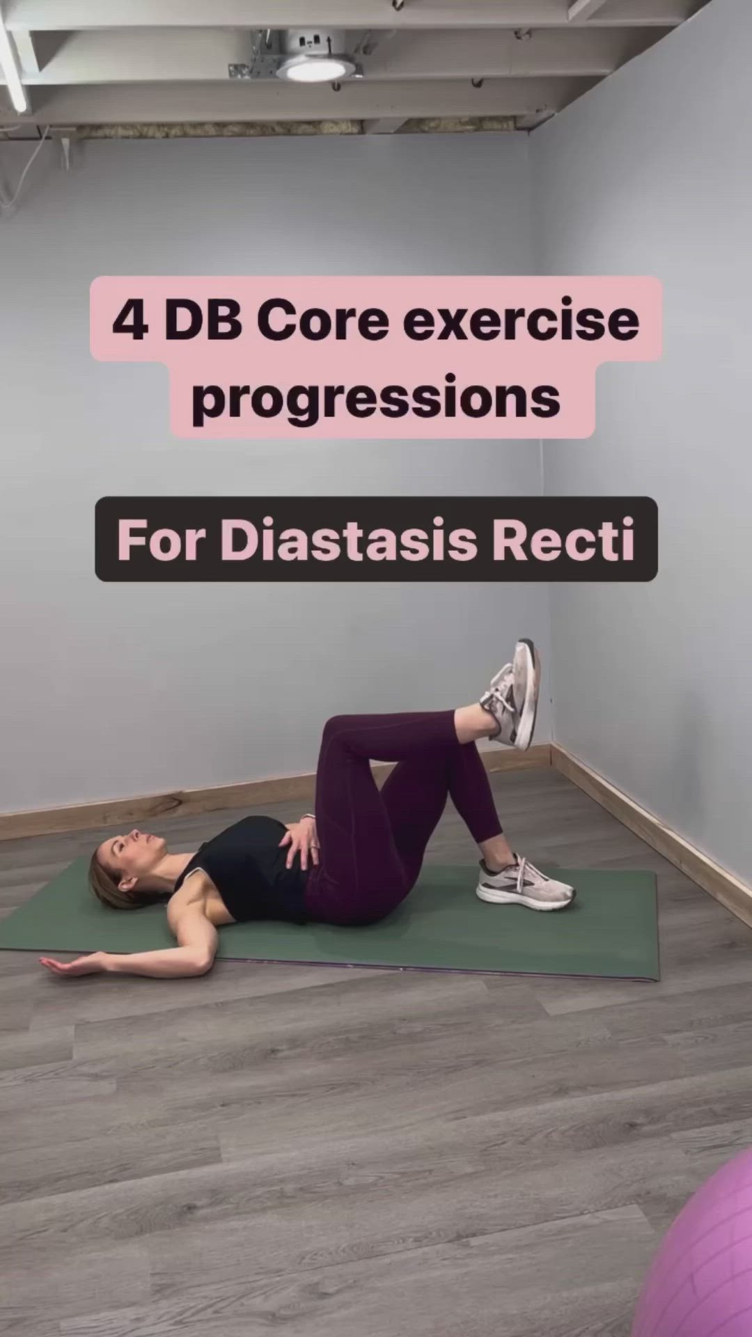 This may contain: a woman is doing exercises on her yoga mat with the words 4 d b core exercise progressions for diastasis recti