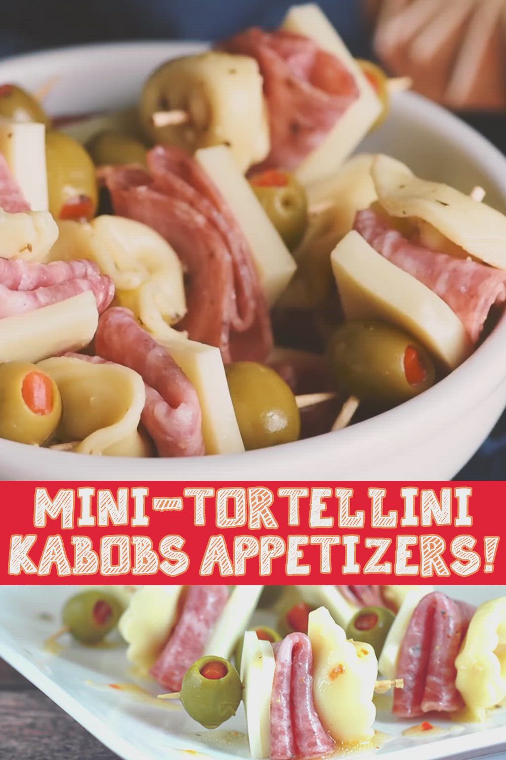 This may contain: mini tortelli kabobs appetizers in a white bowl with text overlay