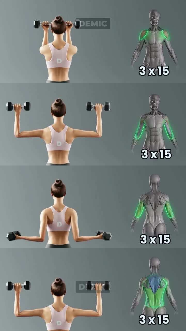 This may contain: a woman is doing exercises with dumbbells in her arms and back, which are the same size as an average man