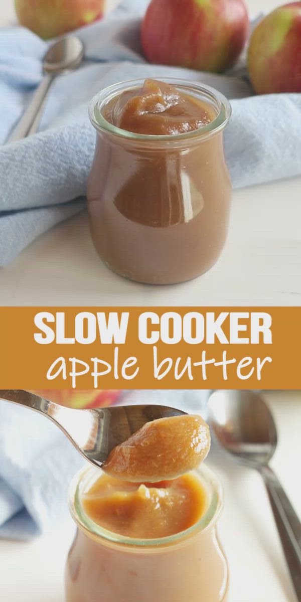 This may contain: an apple butter recipe in a glass jar