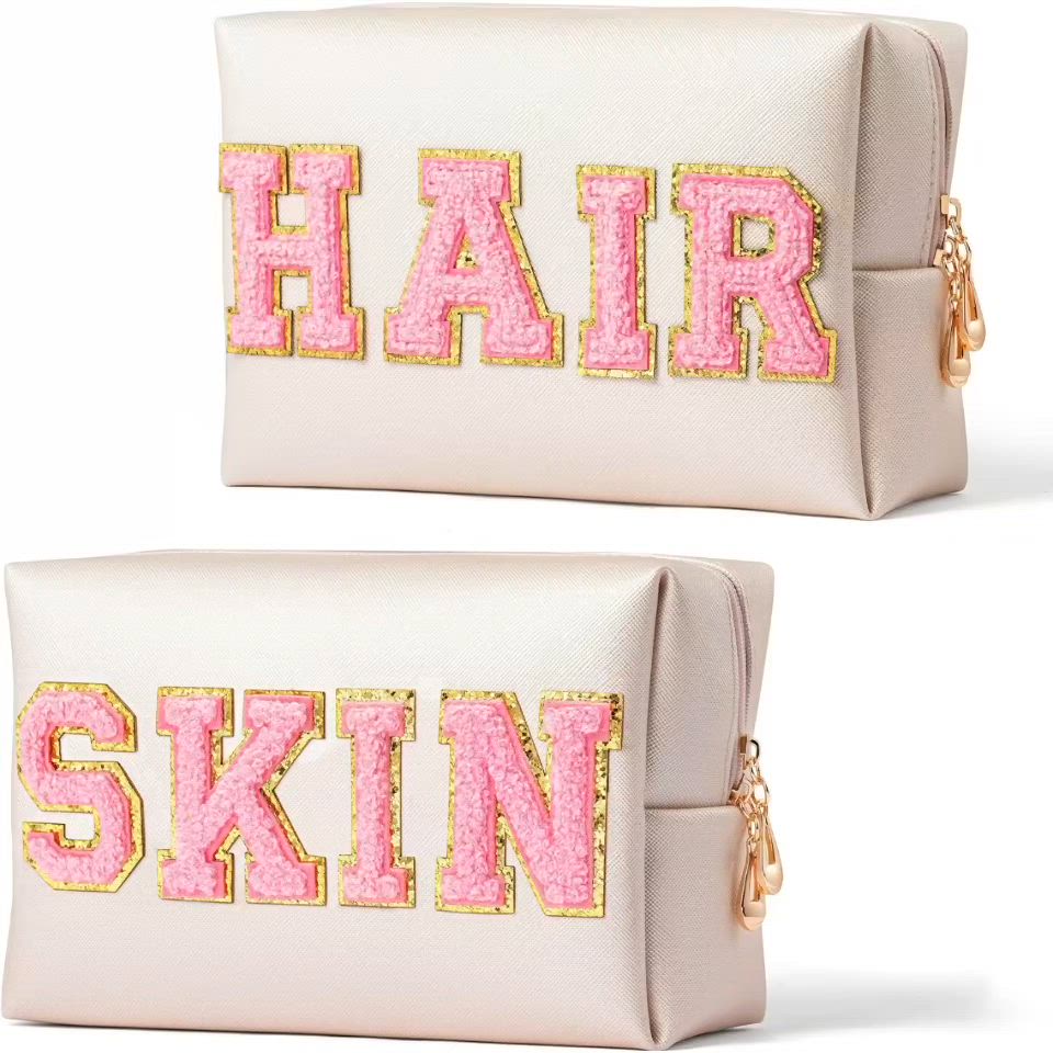 Y1tvei 2Pcs Preppy Patch SKIN HAIR Varsity Letter Cosmetic Toiletry Bag Pink Letter Makeup Bag Zipper Pouch Storage Portable Purse Waterproof Travel Organizer Gift for Women Teen Girls (Shell Gold) #organization #storage