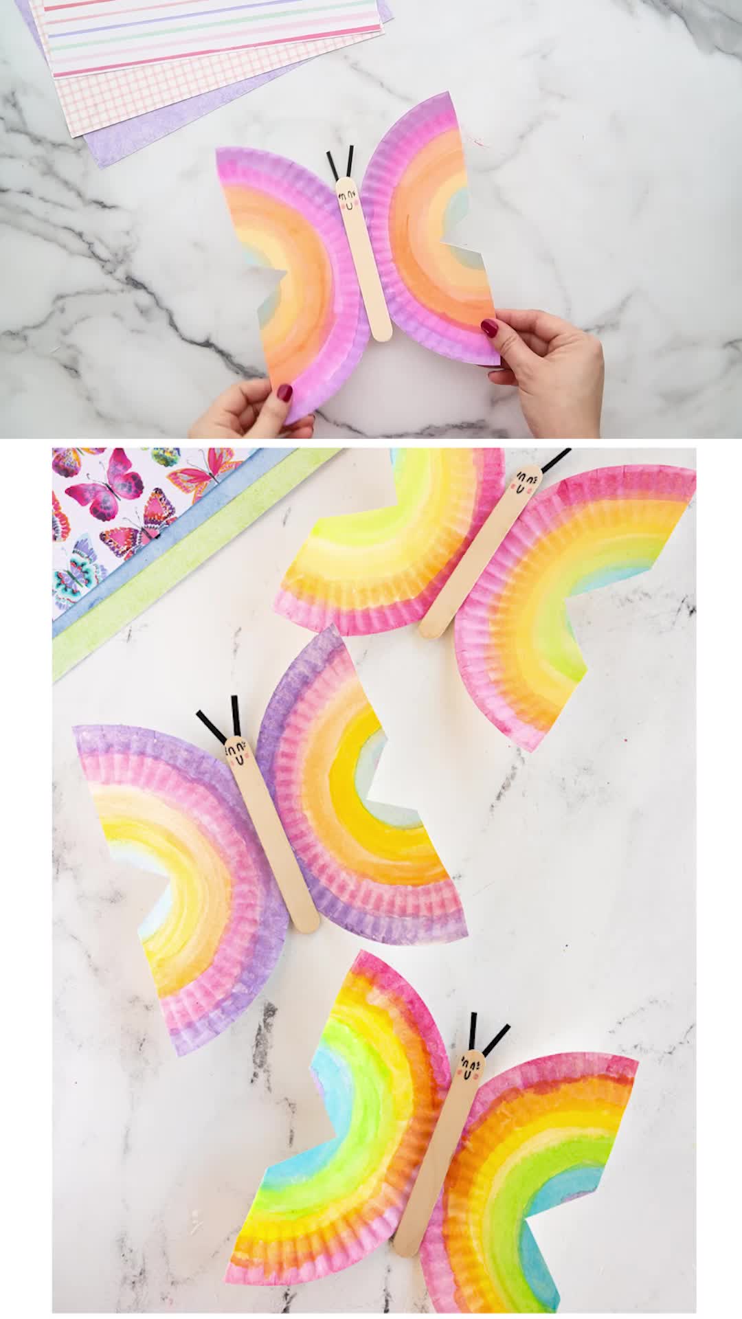 This may contain: paper plate rainbow craft for kids to make with the colors of the rainbow and then cut out