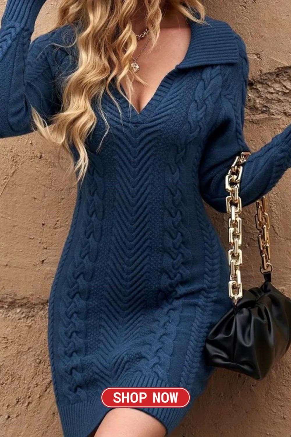 The "Solid Cable Knit Sweater Dress" epitomizes cozy sophistication. With its intricate cable knit design, this elegant mini dress boasts a flattering V-neck and long sleeves. A perfect blend of warmth and style, it exudes a timeless charm for any occasion.