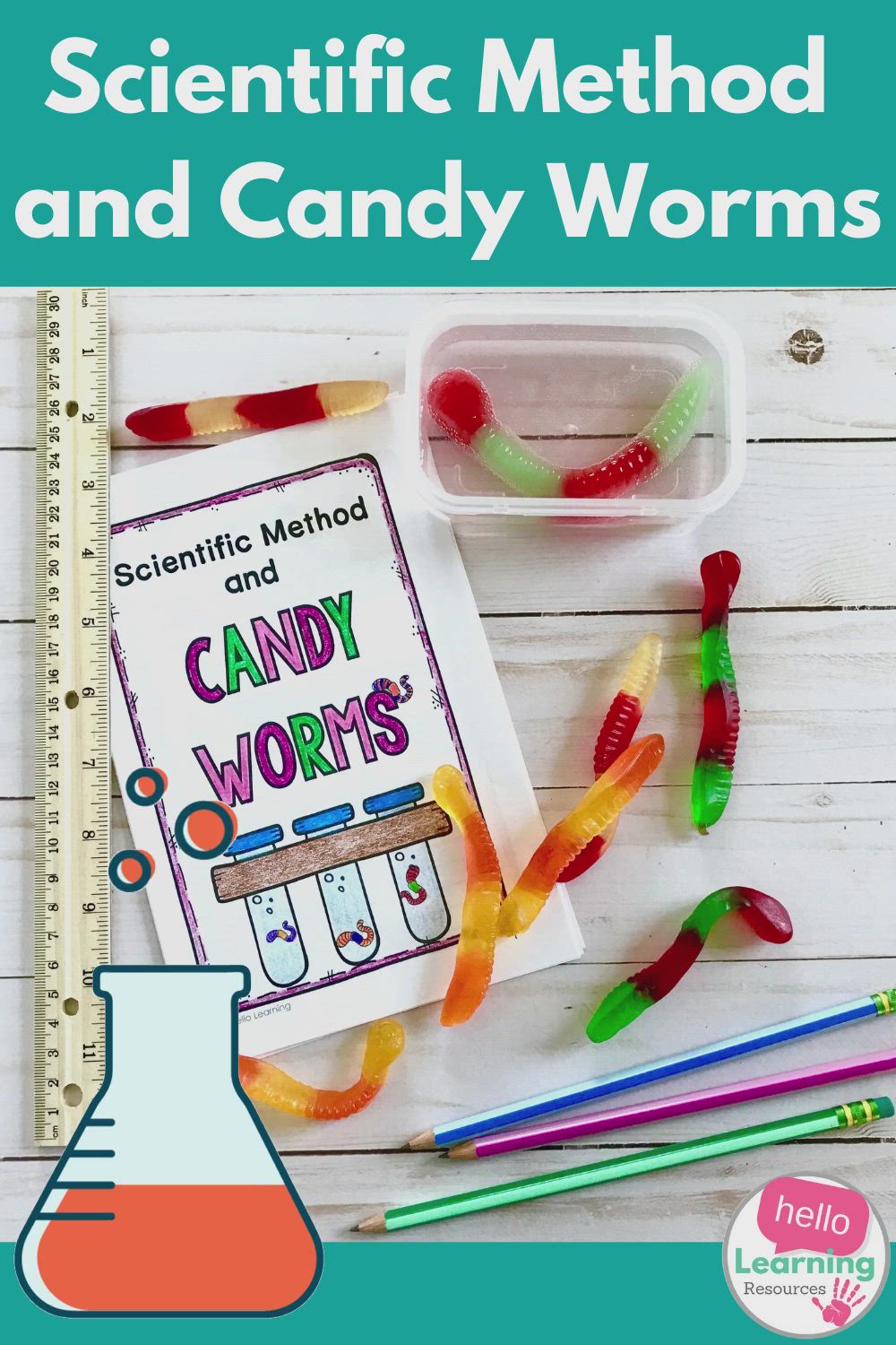 This may contain: the science method and candy worms is shown in this book