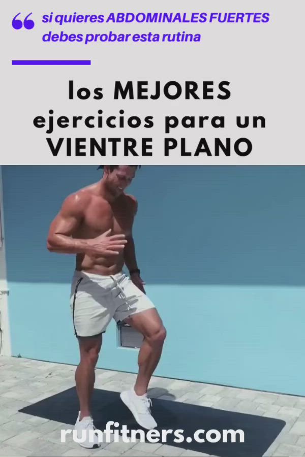 This may contain: a man standing on top of a tile floor next to a blue wall with the words los mejores elercios para un vientre piano