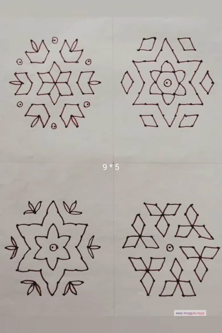 This may contain: four different designs drawn on paper with the numbers six and five in each one corner