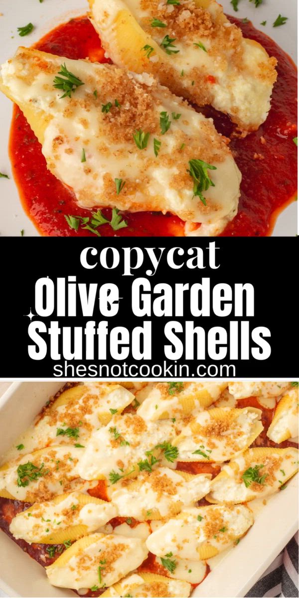 This contains: Olive Garden stuffed shells on a white plate.