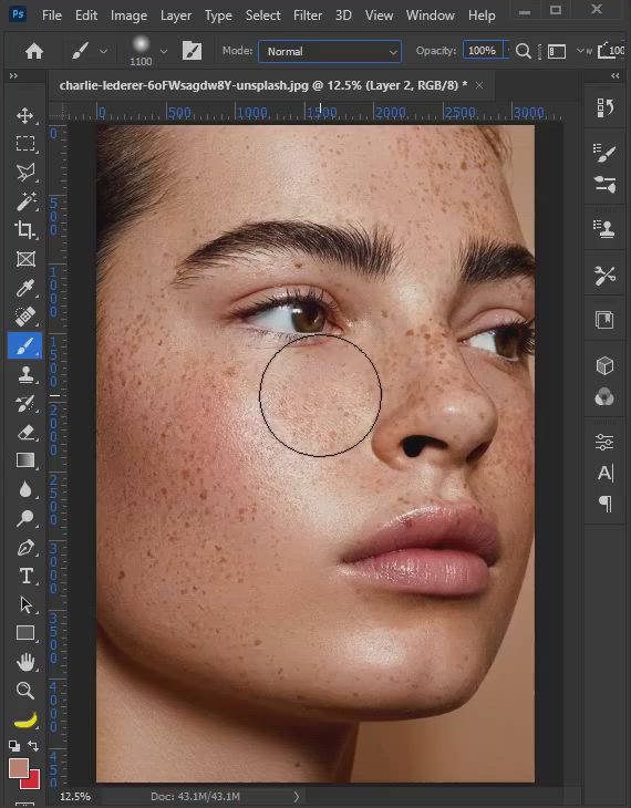 This may contain: a woman with freckles on her face and the words skin retouching