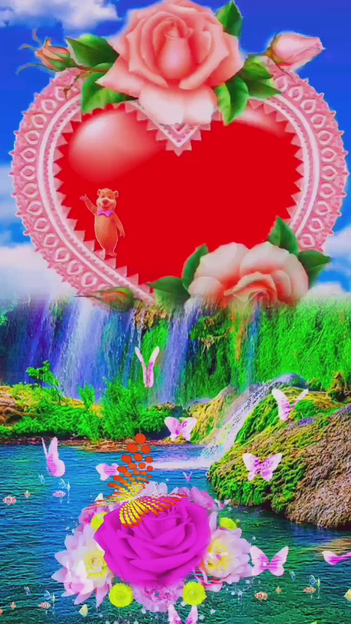 This may contain: an image of a heart surrounded by flowers and birds in the water with a waterfall behind it