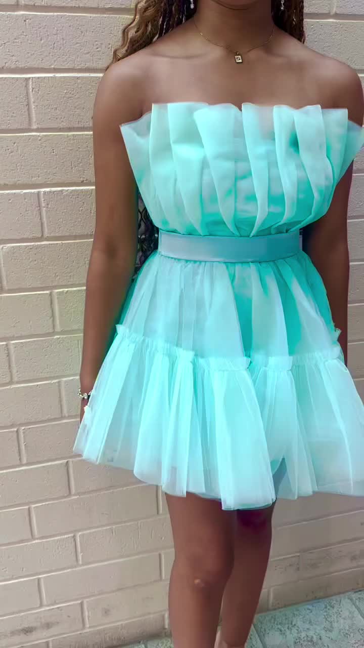 This contains: Strapless Blue Ruffle Tulle Short Dress