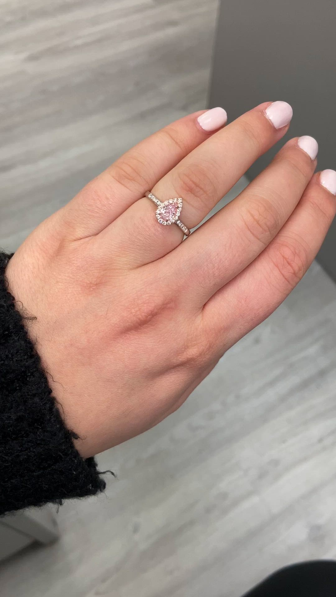 This contains: Pink pear shape diamond engagement ring, pink diamond with halo, the ultimate pink engagement ring or push present for a baby girl! Pink natural diamonds are unique and rare,