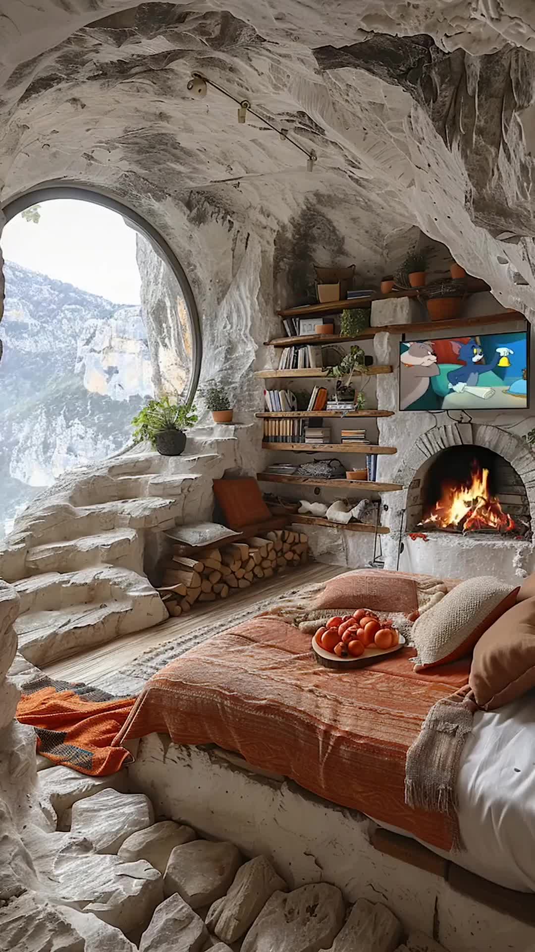 This may contain: a bedroom with a bed and fireplace in the middle of it, surrounded by rocks