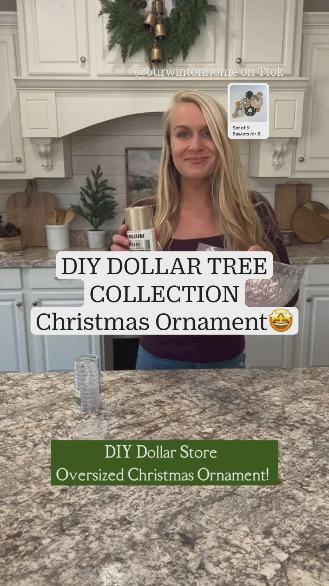 This may contain: the dollar tree collection christmas ornament is in front of a kitchen counter top