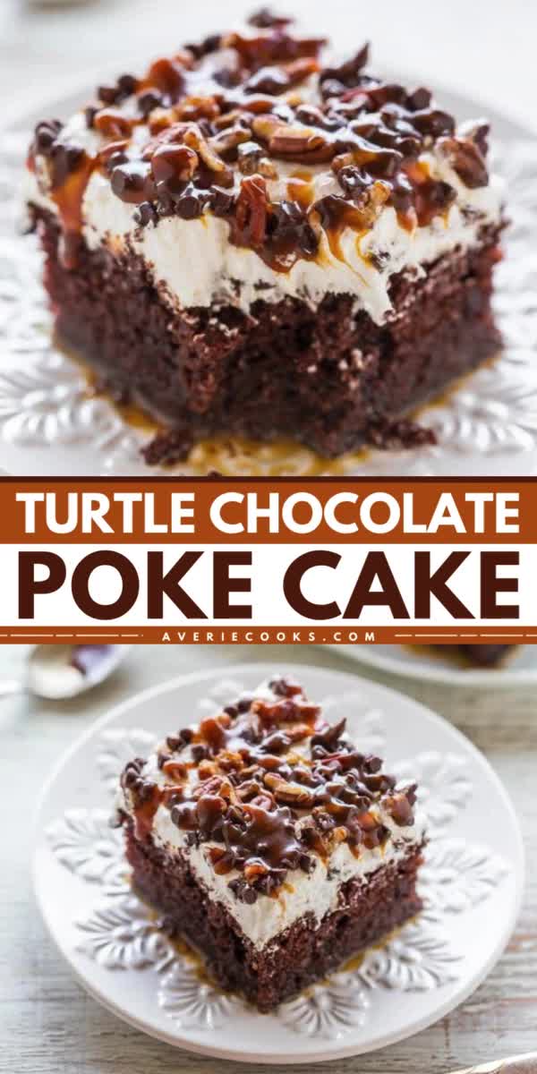 This contains: The BEST Turtle Chocolate Poke Cake! This delicious dessert recipe starts with a chocolate cake mix. Paired with whipped topping, salted caramel, chocolate chips, and pecans, this turtle cake is a decadent sweet food!