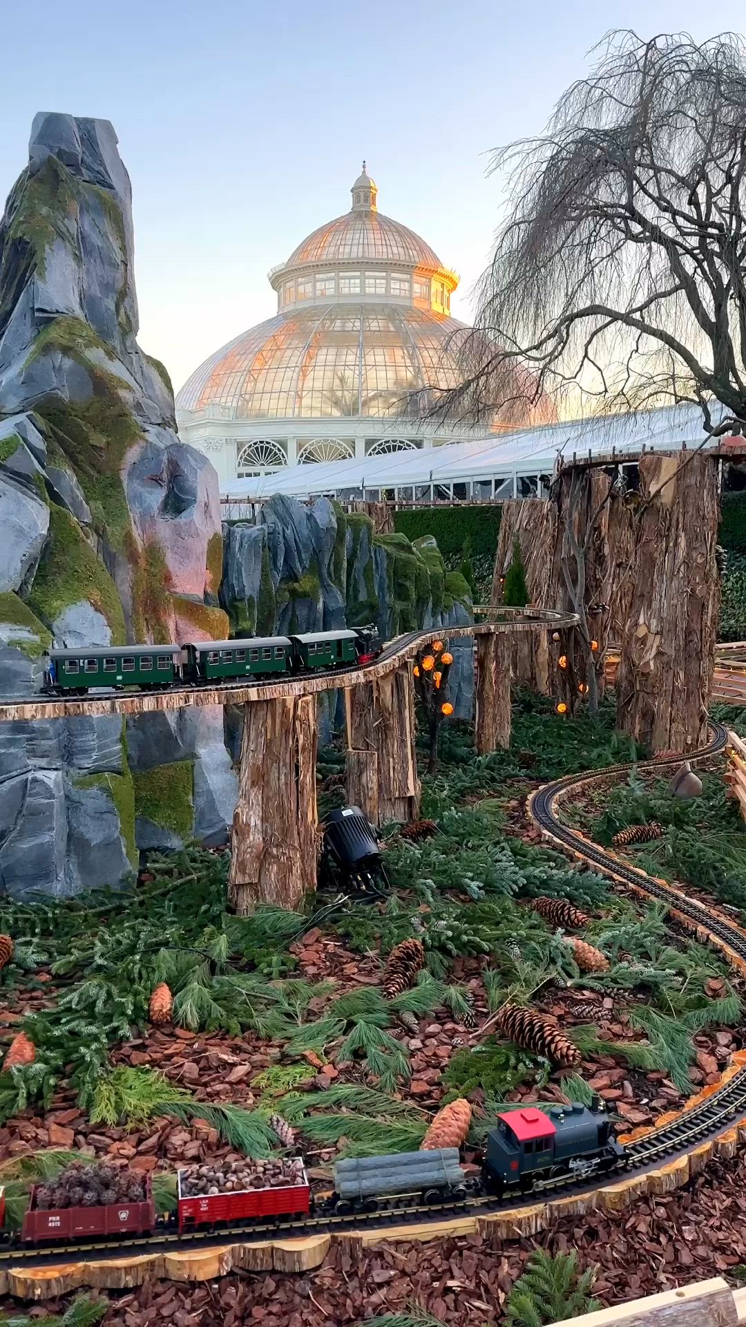 This may contain: an advertisement for the holiday train show in new york botanical garden