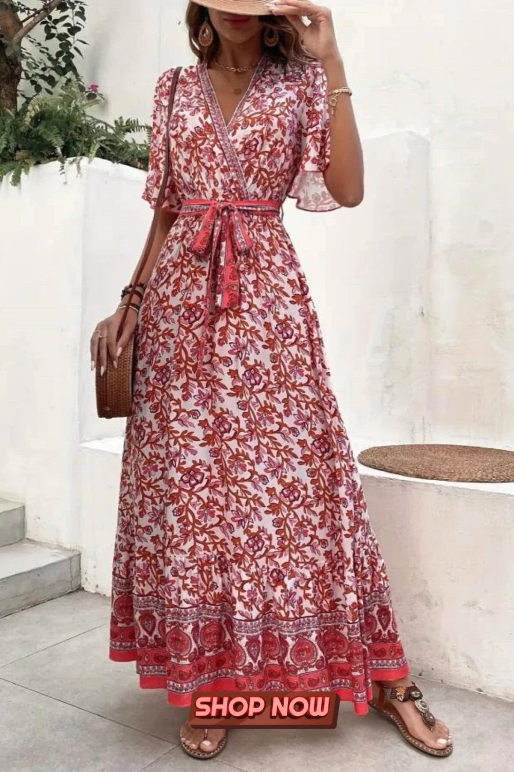 Floral Print Flutter Sleeve Dress, Boho Surplice Neck Tie-waist Dress