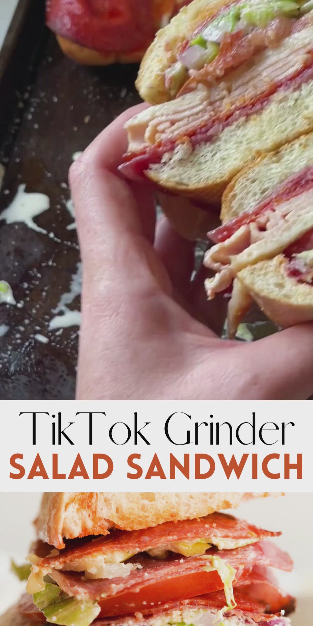 This may contain: a close up of a person holding a sandwich in their hand and the words, tik tok grinder salad sandwich