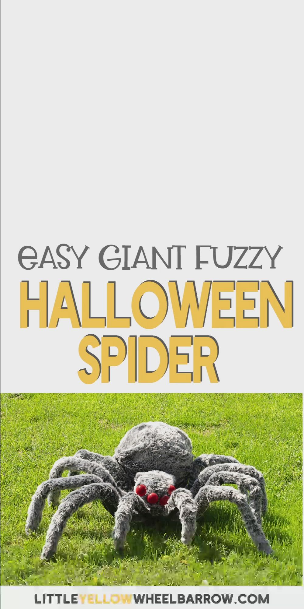 This may contain: a giant spider sitting in the grass with text overlay that reads easy giant fuzzy halloween spider