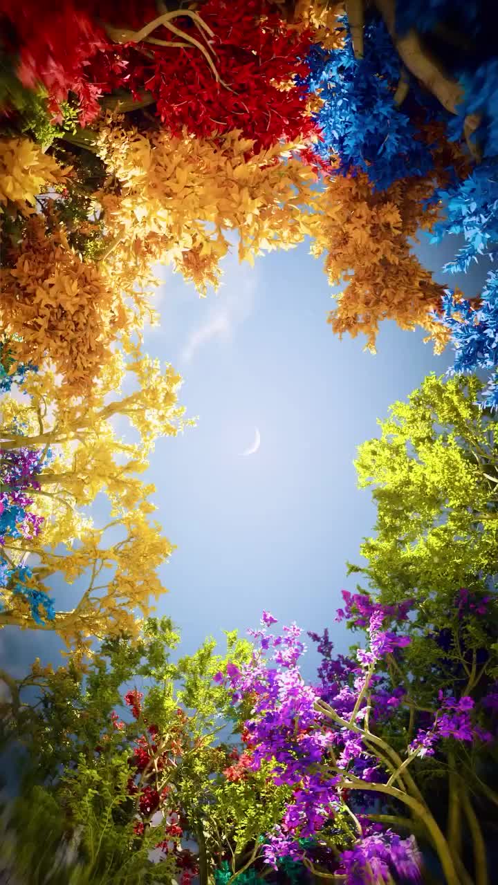 This may contain: the sky is filled with colorful trees and flowers in it's center, as if from below