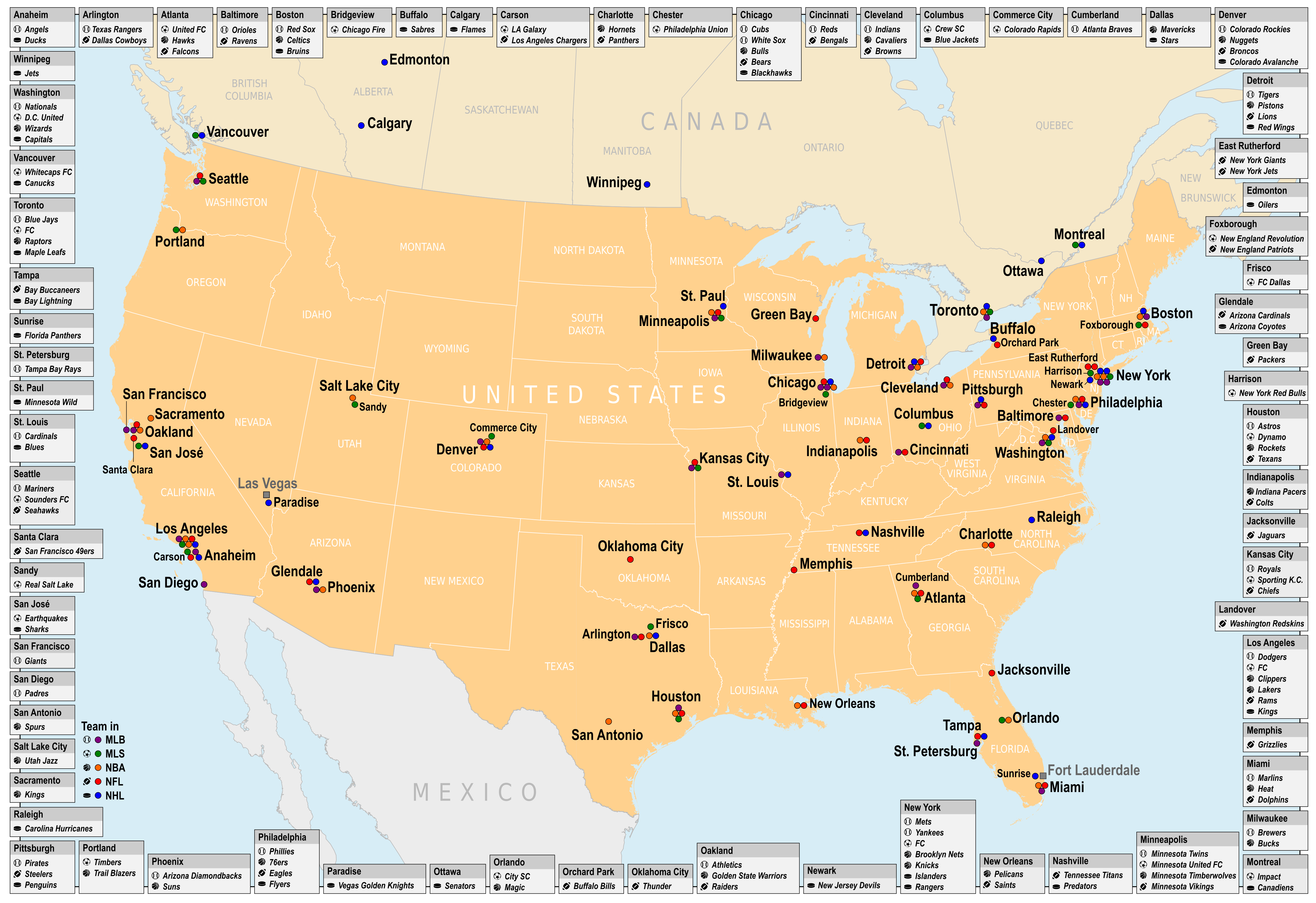 Map of cities in the USA and Canada with NFL, NBA, MLB, NHL or MLS ...