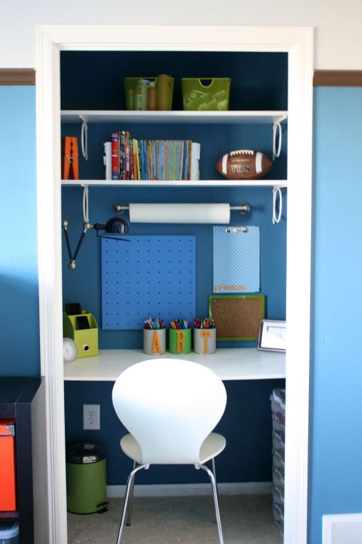 A mini office hidden in a closet.