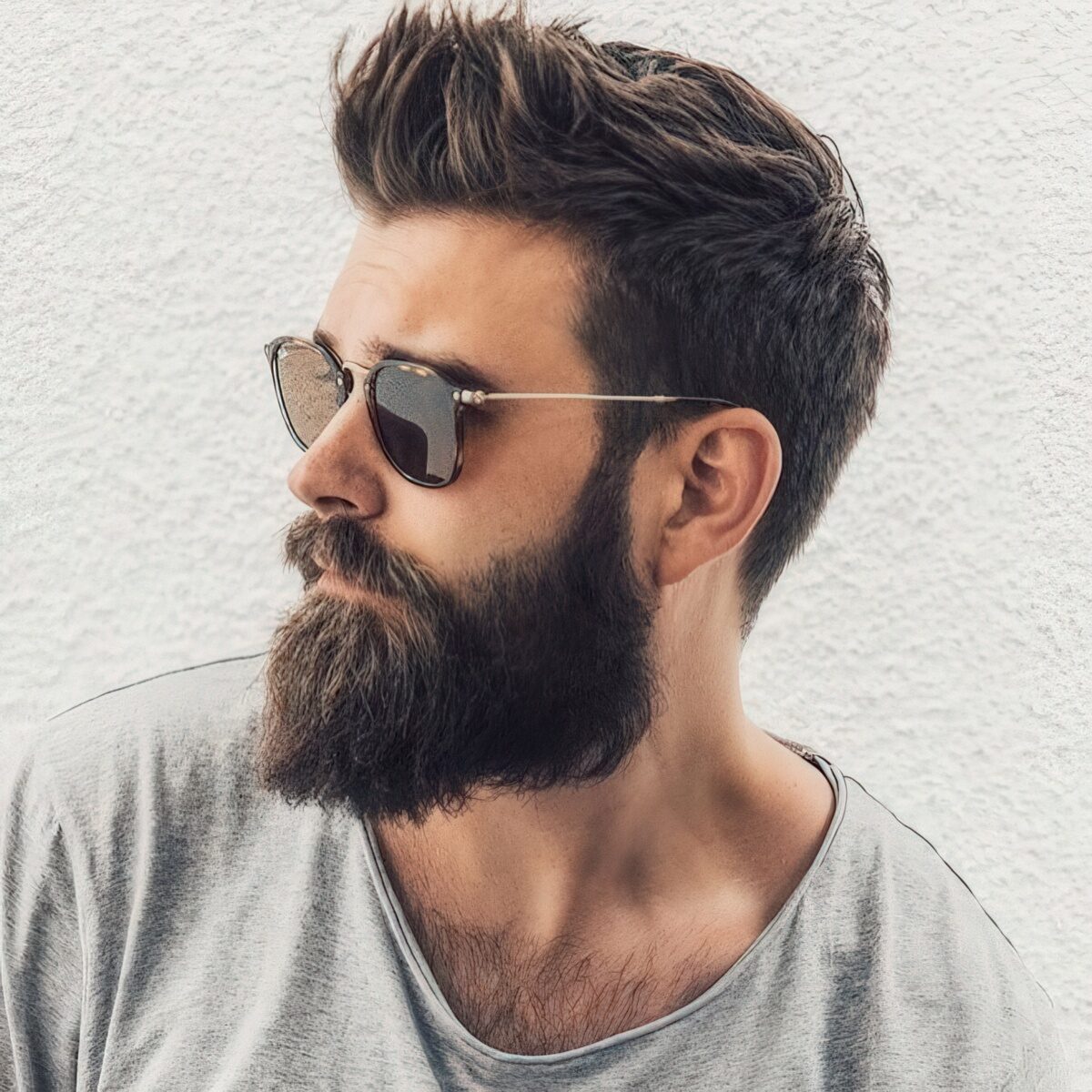 A hispter faux hawk with connecting sideburns and a full beard is a bold idea.