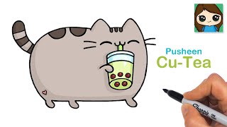 How to Draw Pusheen Drinking Boba Tea Cute Cat