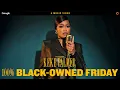 Keke Palmer holding a microphone against a dark green background. The words "Starring Keke Palmer, Black-owned Friday" are overlayed in yellow text.