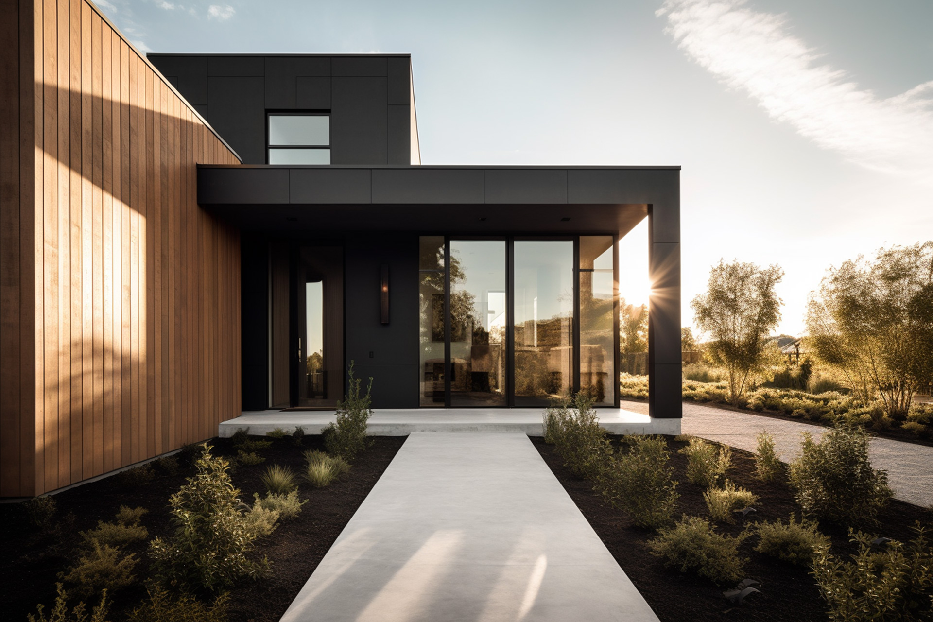 Black modern home with wood accents