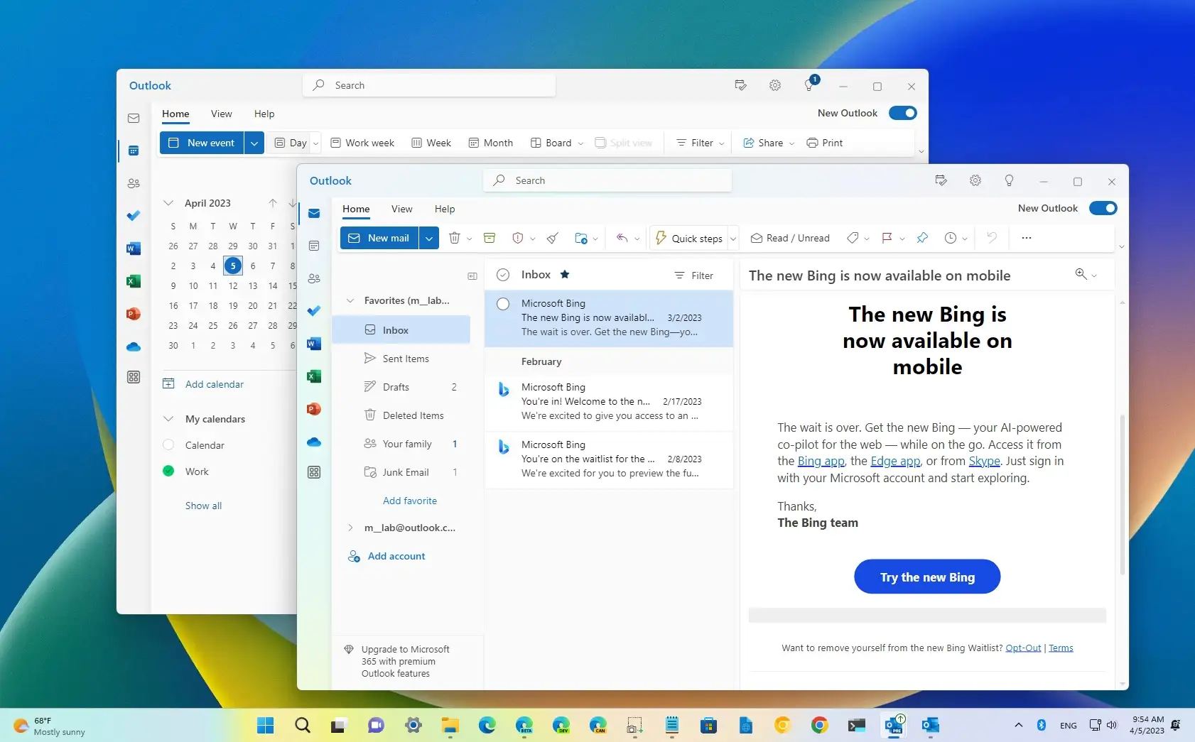 New Outlook inbox and calendar