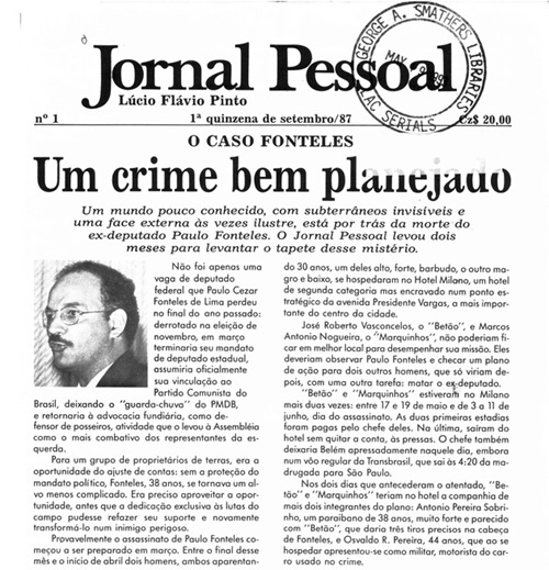 Detalhe da Capa da primeira edição do Jornal Pessoal, de Lúcio Flávio Pinto.