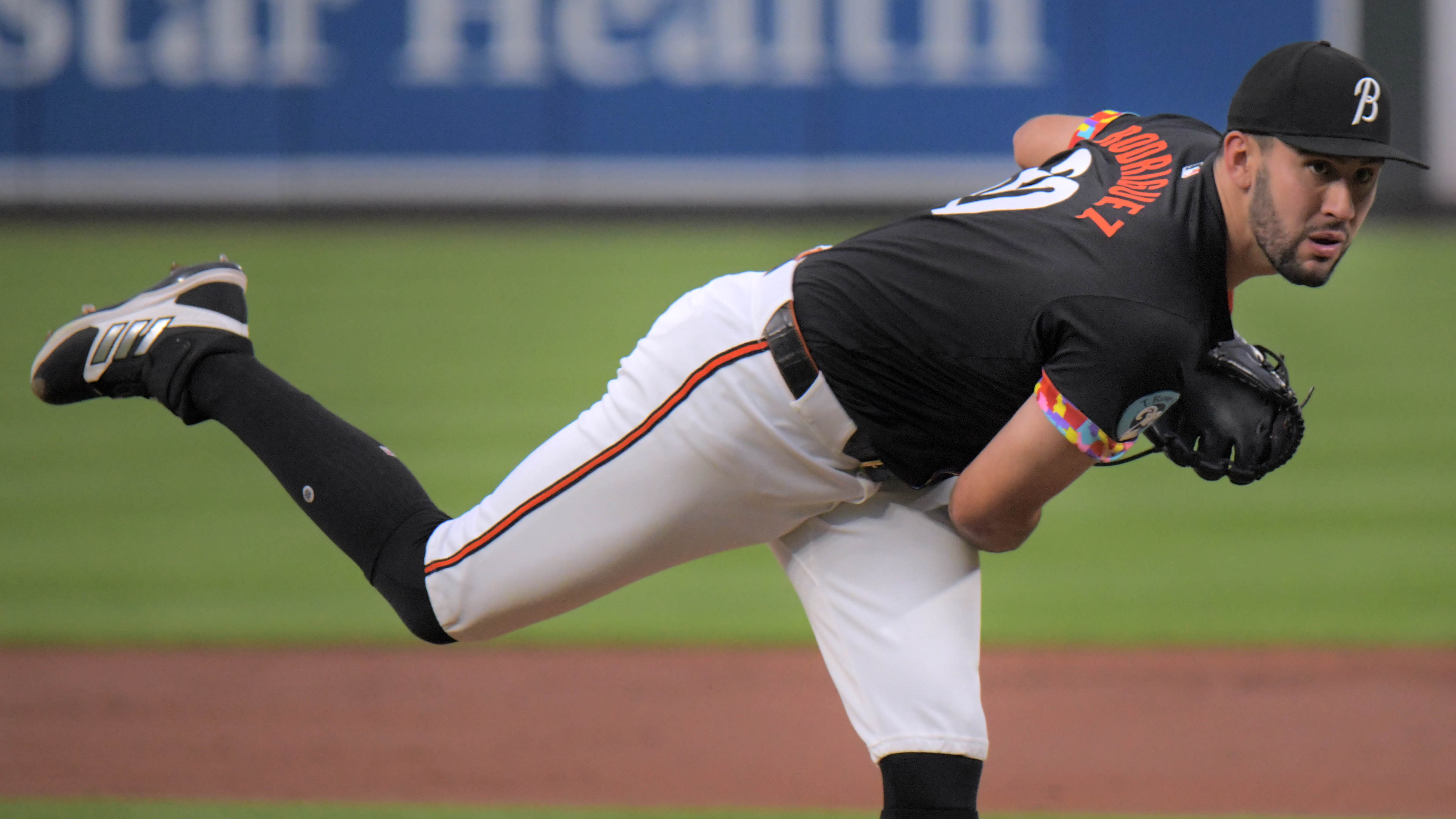 Baltimore Orioles starting pitcher Grayson Rodriguez follows through against the San Diego Padres during major league baseball at Oriole Park at Camden Yards. (Karl Merton Ferron/Staff)