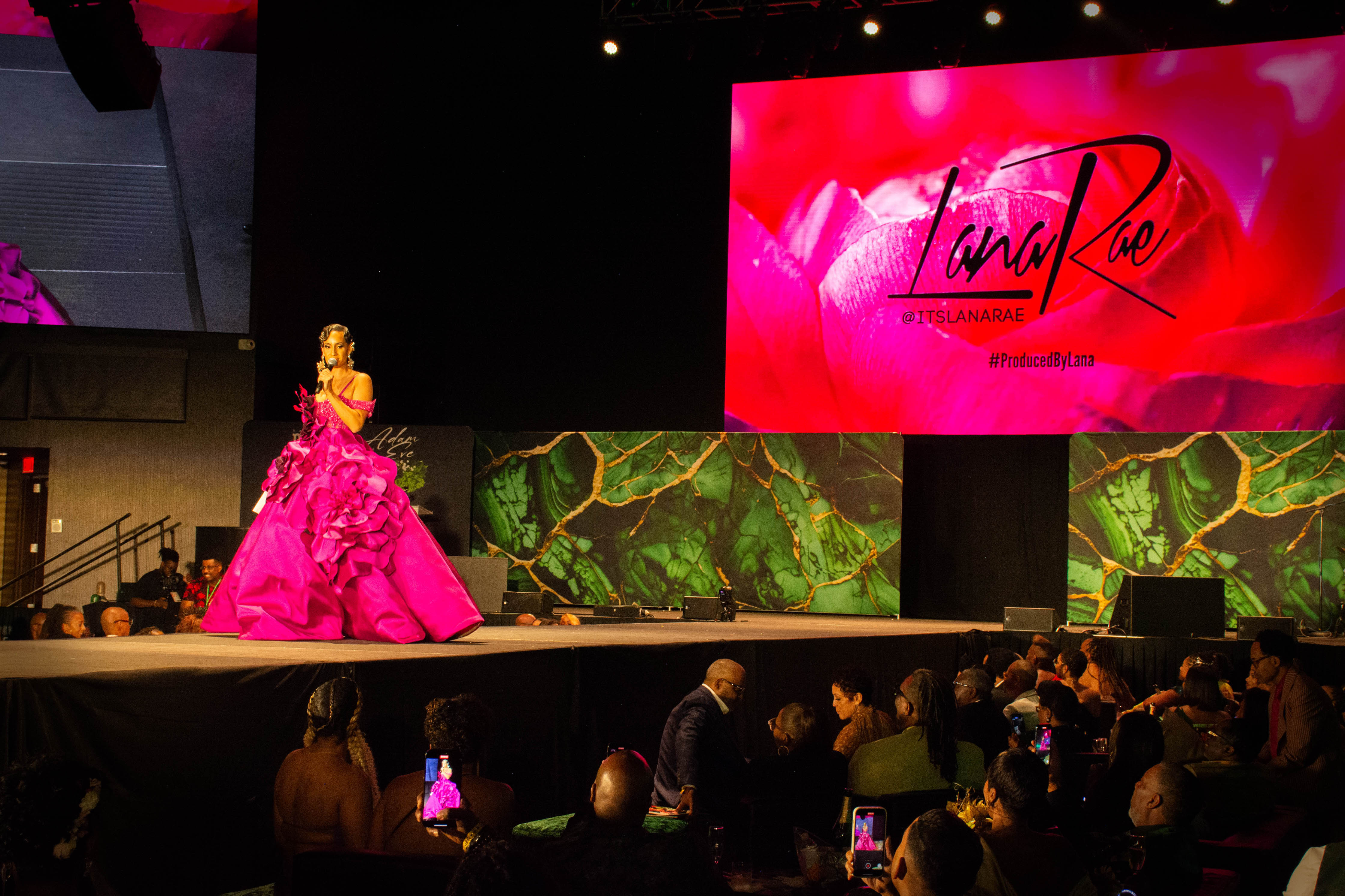 Fashion show producer Lana Rae kicks off her part of the night with a welcome to the gathering at the Baltimore MET Gala 2024. (Sloane Brown)