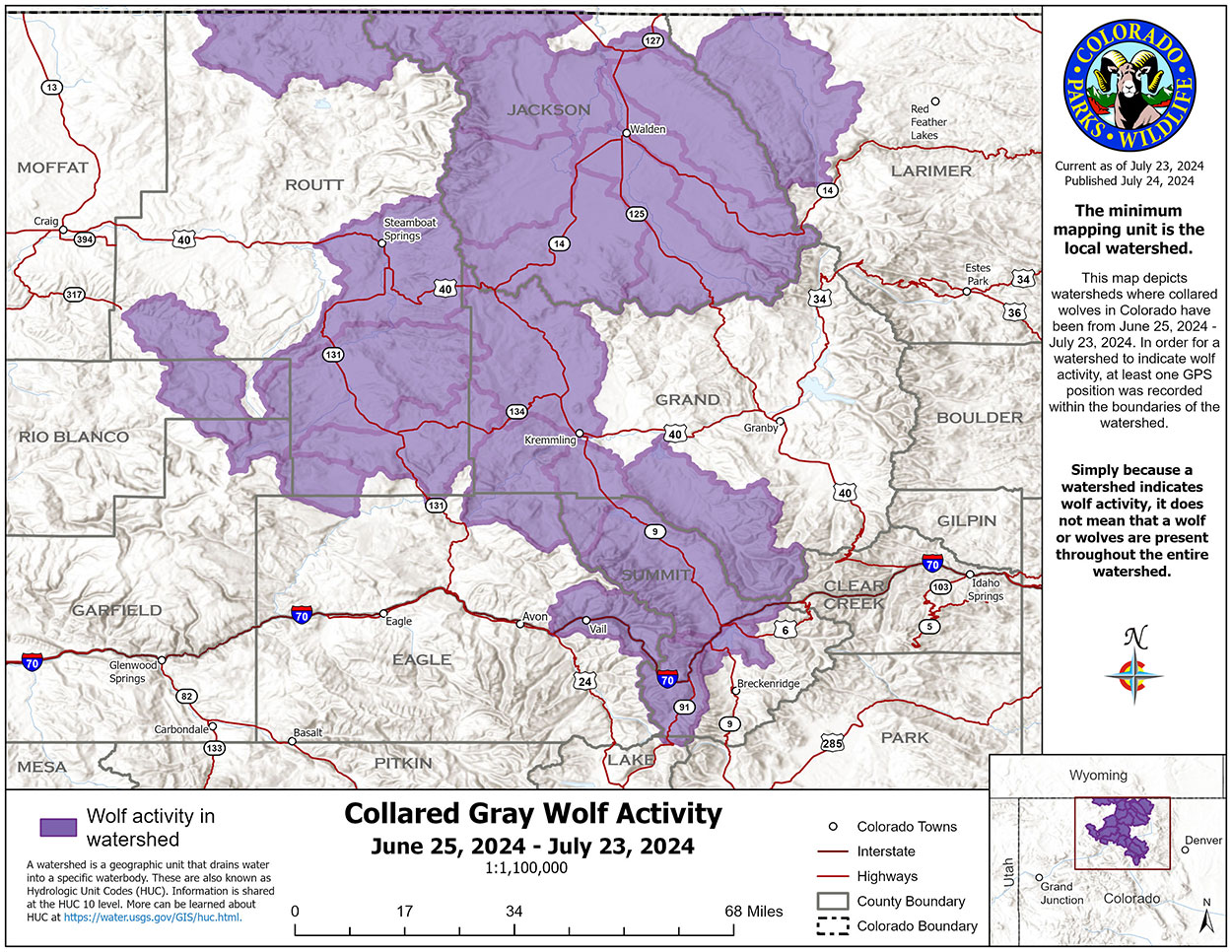 Monthly Collared Wolf Activity Area Map - July, 2024