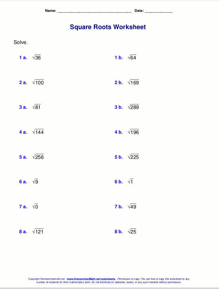 Free Square Root Worksheets Pdf And Html