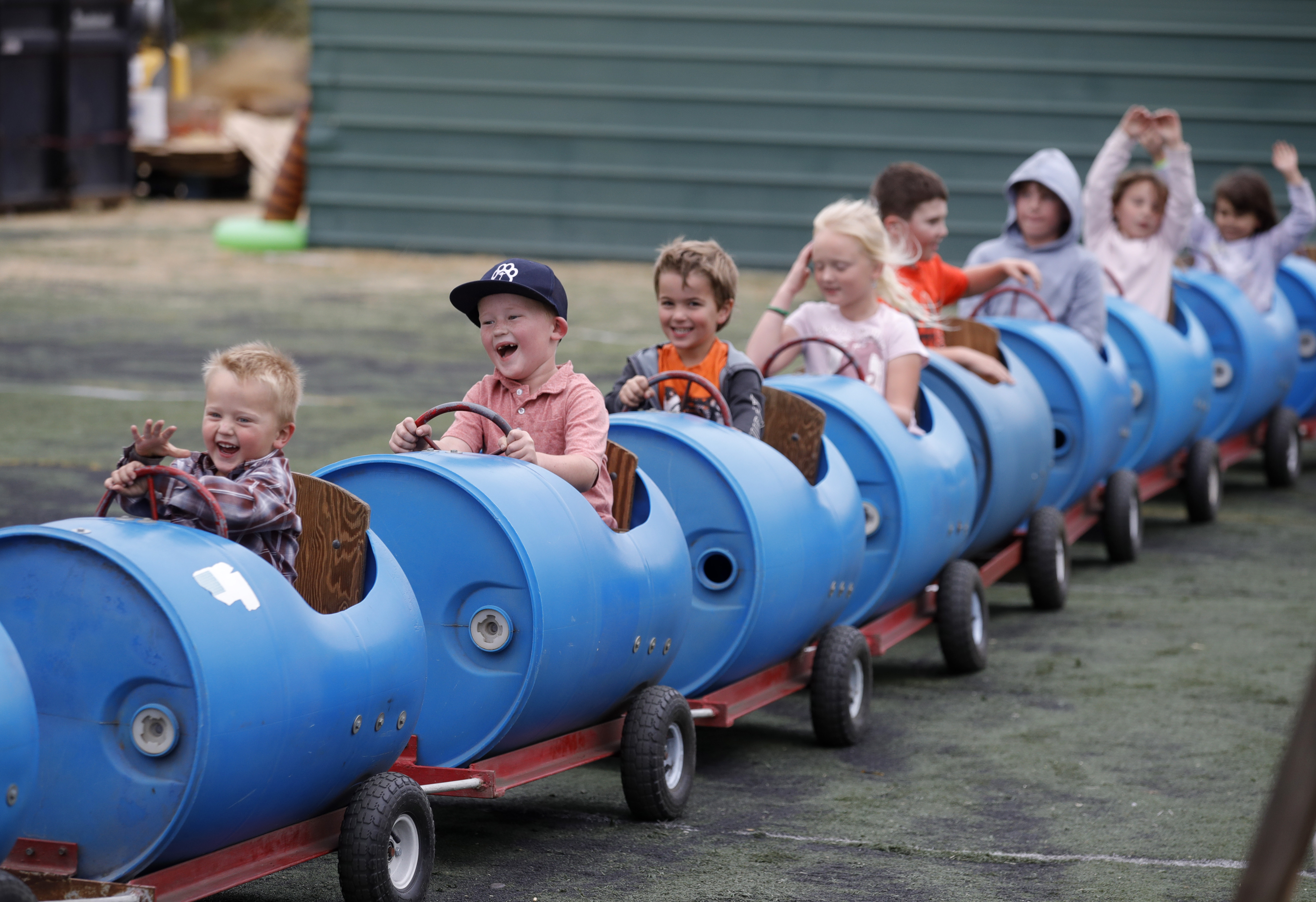 Levi Pilkington, 5, of Livermore, second from left, and other children ride the train at Joan's Farm & Pumpkin Patch in Livermore, Calif., on Wednesday, Oct. 25, 2023. (Jane Tyska/Bay Area News Group)