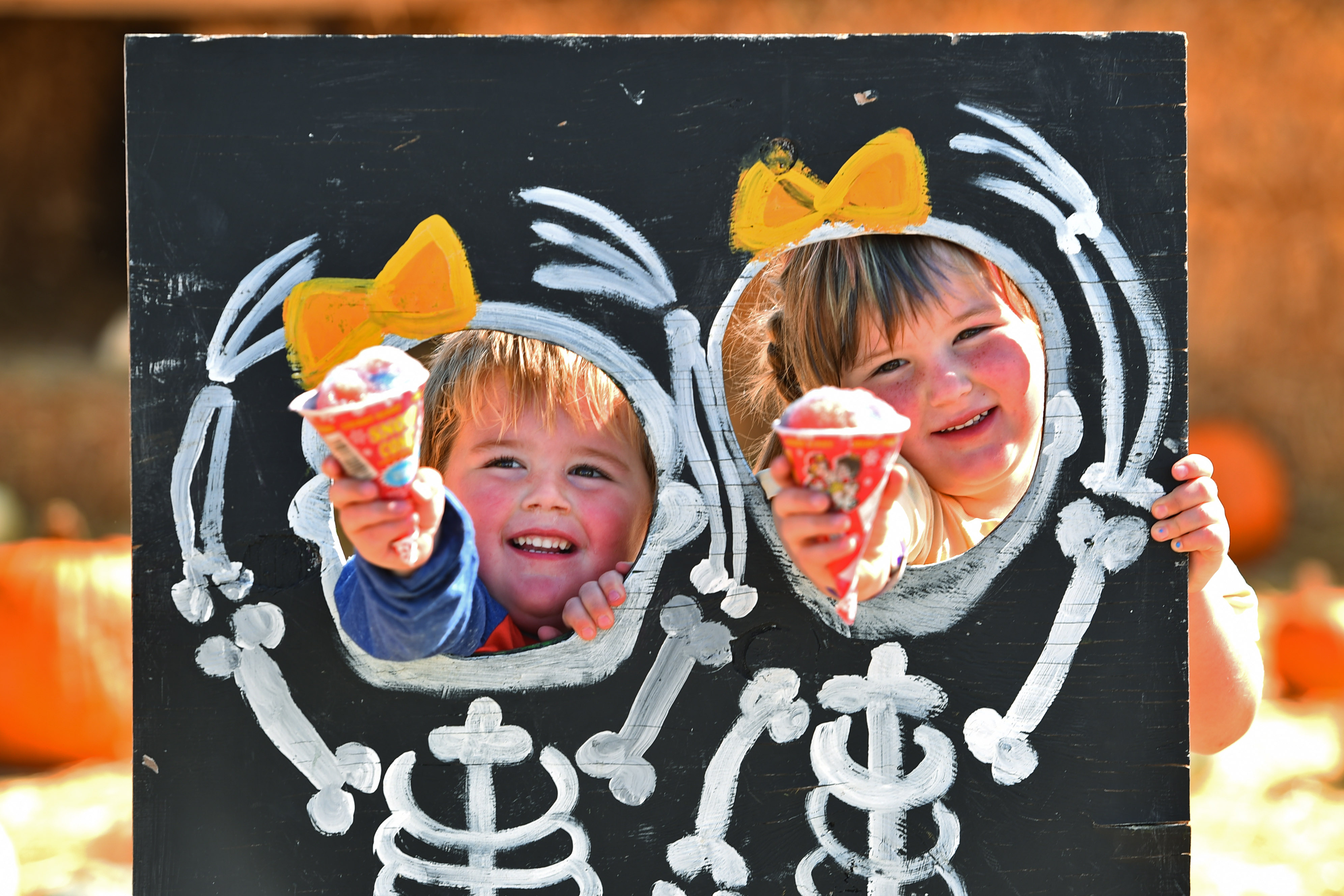 Bob Avirett, 3, of Berkeley, and his sister Magnolia, 4, show their snow cones to their mom as they pose for a photograph for their father while at the Alameda Point Pumpkin Farm in Alameda, Calif., on Sunday, Oct. 15, 2023. (Jose Carlos Fajardo/Bay Area News Group)