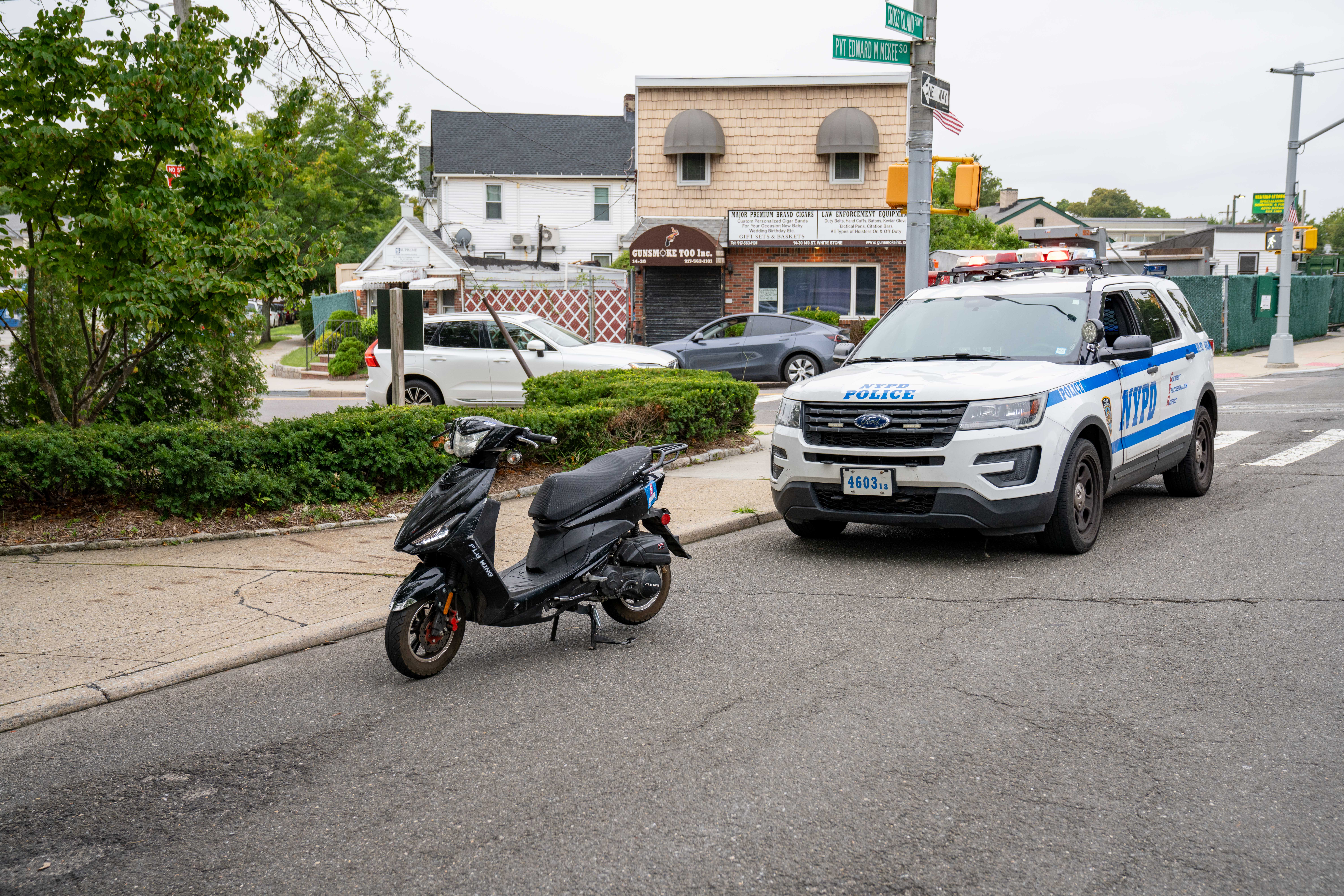 A 19yr old woman was pronounced dead on scene after a moped she was riding on as a passenger crashed on the southbound Cross Island Parkway near 149th Street in Queens on Saturday Aug. 31, 2024. 0722. A 15yr old boy who was operating the moped was taken by private means to Flushing Hospital, where he was pronounced deceased. (Theodore Parisienne for New York Daily News)